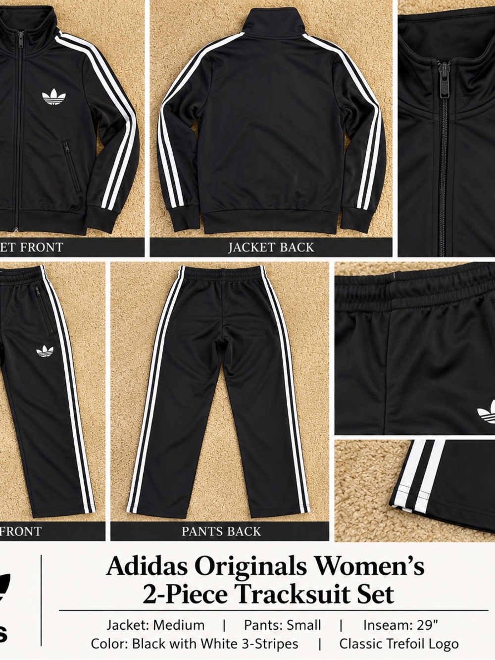 Adidas Originals Women’s Black 3-Stripes Track Jacket & Pants Set M/S